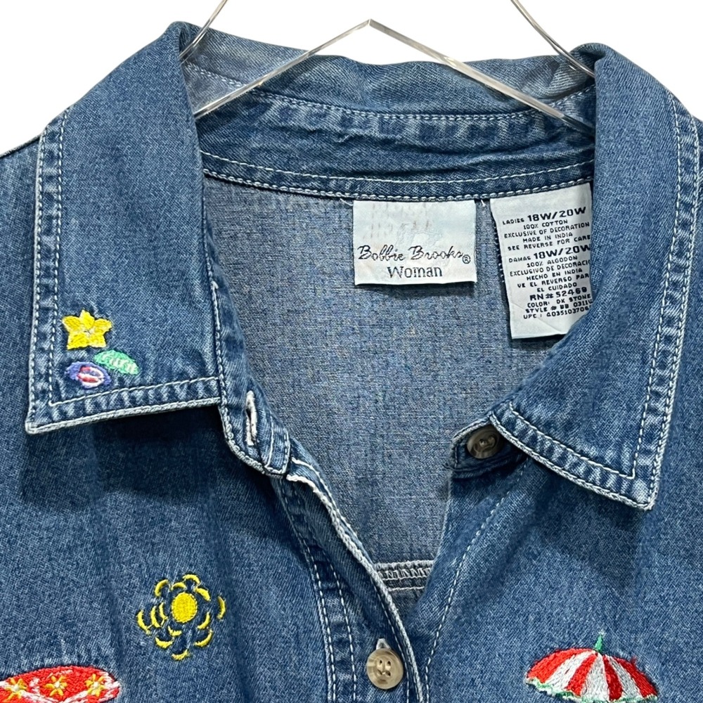 Vintage Bobbie Brooks Denim Shirt Embroidered Beach 18W/20W Coastal Grandma - Picture 3 of 6